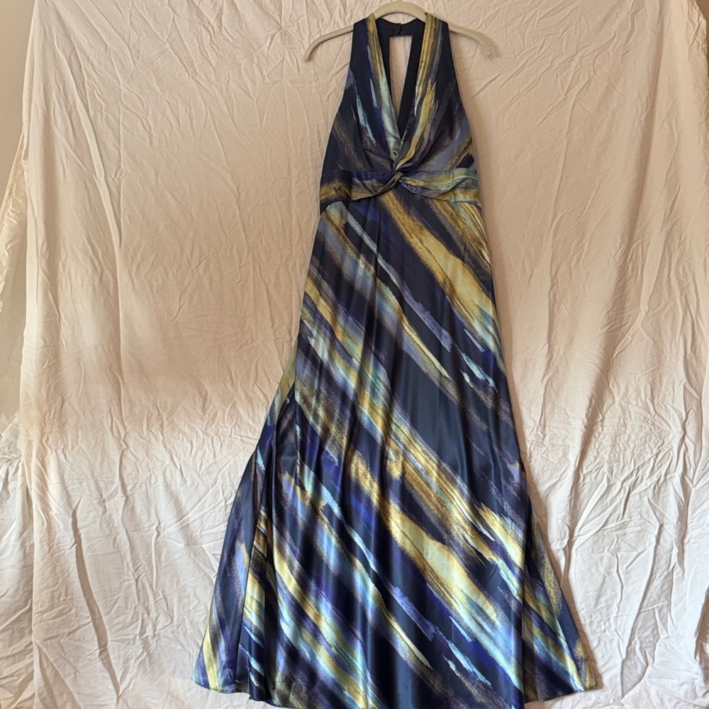 Vince Camuto Blue and Yellow Maxi Halter Dress